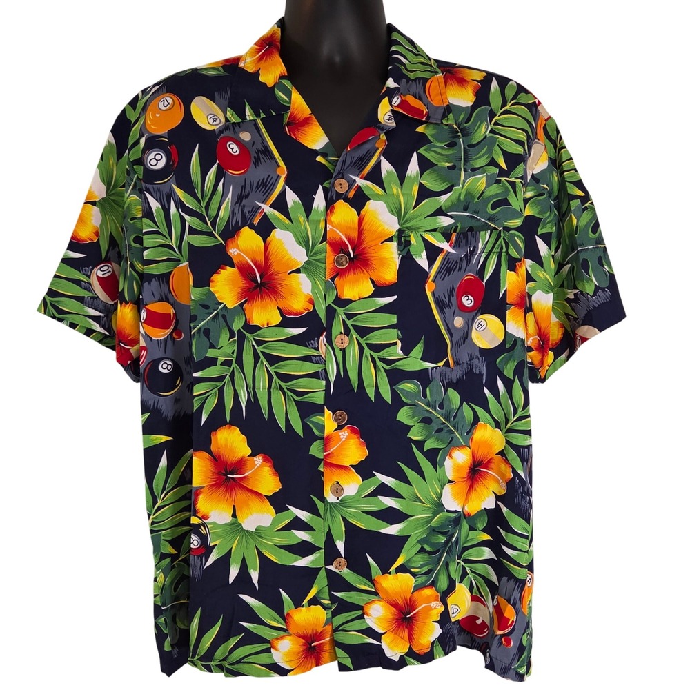 VTG 90s Roundy Bay Hawaiian Shirt Billiards Pool‎ Floral Tropical Mens Size L